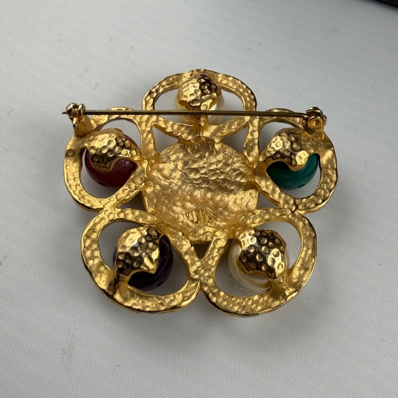 Vintage Cabochon Brooch Pin Gold Tone Red Green Blue Statement - Picture 3 of 6